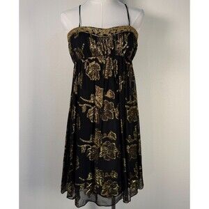 Caché Silk Metallic Beaded Chiffon Cocktail Dress Black Gold NWT Sz 8 $238